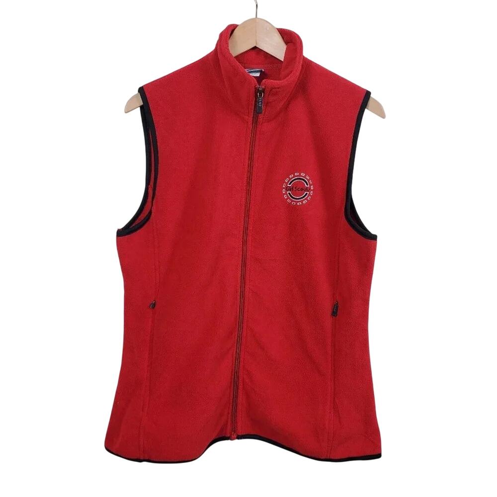 Girl Scouts Red Fleece Vest Women Size M Full Zip Black Trim Logo Uniform